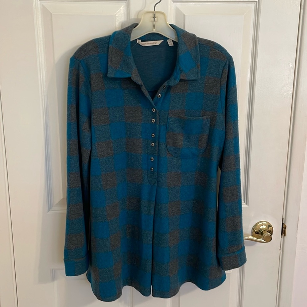 NWT Soft Surroundings size PS tunic.  Turquoise and gray plaid.